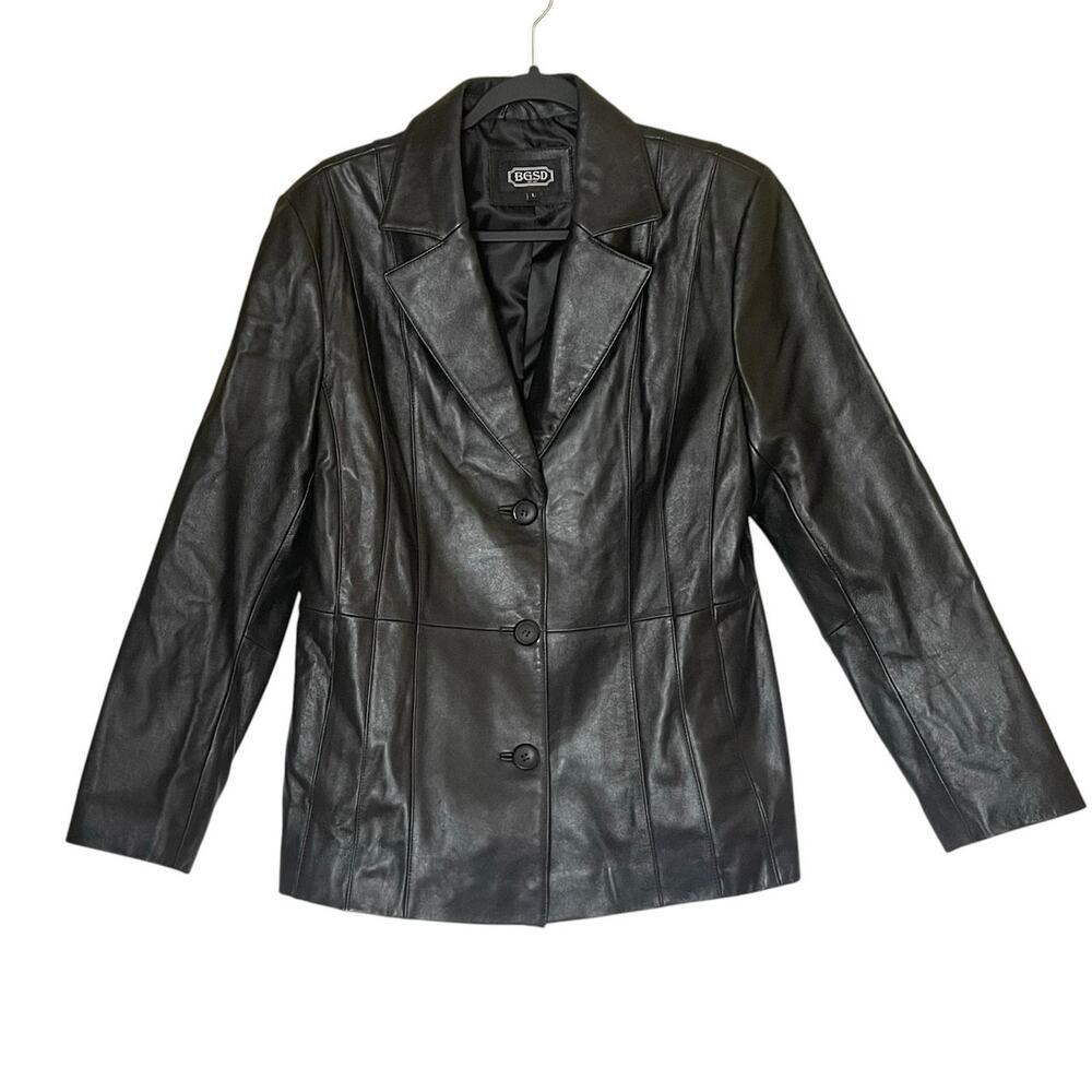 BGSD Women Black Lambskin Leather Blazer Jacket Large Quiet Luxury Minimalist
